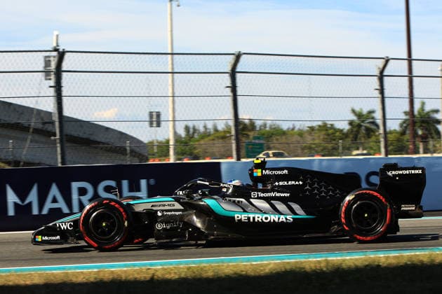 MIAMI GARDENS, FL - MAY 02: Mercedes driver Andrea Kimi Antonelli 12 exits turn 16 during qualifying for the F1 Miami Grand Prix on May 02, 2026 at Miami International Autodrome in Miami Gardens, FL. (Photo by Jeff Robinson Icon Sportswire) AUTO: MAY 02 F1 Miami Grand Prix EDITORIAL USE ONLY Icon050226118601