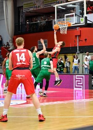 Aleksander Möller, Jonas Niedermanner, Aiden Warnholtz at the basket 2 Bundesliga Pro A, 34 Matchday, 46ers, Basketball, Basketball season 2025 2026, BBL, Germany, Giessen 46ers EPG Baskets Koblenz, Giessen in red,Koblenz in green, Men, Men