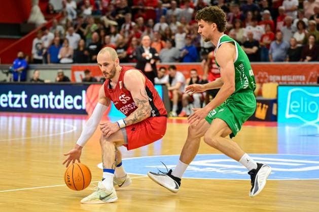 Simon Krajcovic, Aleksa Kovacevic 2 Bundesliga Pro A, 34 Matchday, 46ers, Basketball, Basketball season 2025 2026, BBL, Germany, Giessen 46ers EPG Baskets Koblenz, Giessen in red,Koblenz in green, Men, Men