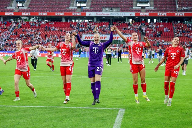 02 05 2026, xsscx, Women Football, 1 FC Köln Werder Bremen, 1 Soccer Bundesliga, 24 Matchday, RheinEnergie Stadion, Season 2025 2026 The 1 FC Köln team celebrates their victory to 3 0 with Anna Lena Stolze 1 FC Köln 7 , Sara Agrez 1 FC Köln 4 , Aurora Mikalsen 1 FC Köln 23 , Vanessa Leimenstoll 1 FC Köln 29 , Zö Hasenauer 1 FC Köln 16 DFB regulations prohibit any use of photographs as image sequences and or quasi video Photo xSandraxScherningxPressefotoKochx Nordrhein Westfalen Germany
