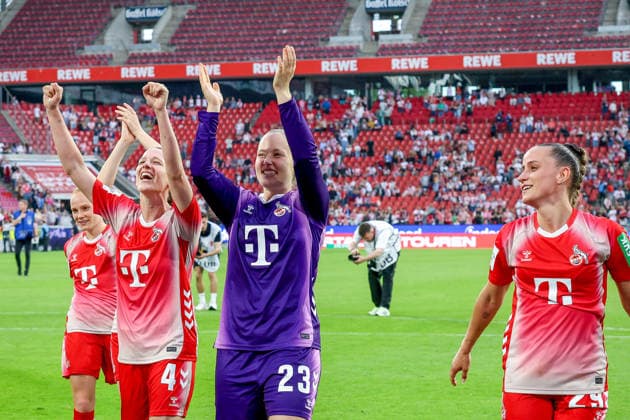 02 05 2026, xsscx, Women Football, 1 FC Köln Werder Bremen, 1 Soccer Bundesliga, 24 Matchday, RheinEnergie Stadion, Season 2025 2026 The 1 FC Köln team celebrates their 3 0 victory with Anna Lena Stolze 1 FC Köln 7 , Sara Agrez 1 FC Köln 4 , Aurora Mikalsen 1 FC Köln 23 , Vanessa Leimenstoll 1 FC Köln 29 DFB regulations prohibit any use of photographs as image sequences and or quasi video Photo xSandraxScherningxPressefotoKochx Nordrhein Westfalen Germany