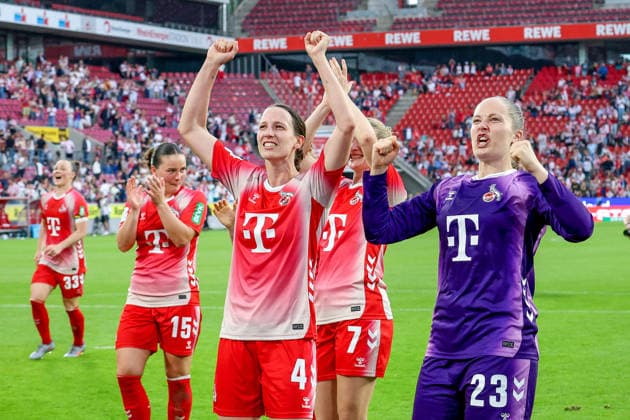 02 05 2026, xsscx, Women Football, 1 FC Köln Werder Bremen, 1 Soccer Bundesliga, 24 Matchday, RheinEnergie Stadion, Season 2025 2026 The 1 FC Köln team celebrates their 3 0 victory with Marina Hegering 1 FC Köln 33 , Amelie Bohnen 1 FC Köln 15 , Sara Agrez 1 FC Köln 4 , Anna Lena Stolze 1 FC Köln 7 , Aurora Mikalsen 1 FC Köln 23 DFB regulations prohibit any use of photographs as image sequences and or quasi video Photo xSandraxScherningxPressefotoKochx Nordrhein Westfalen Germany