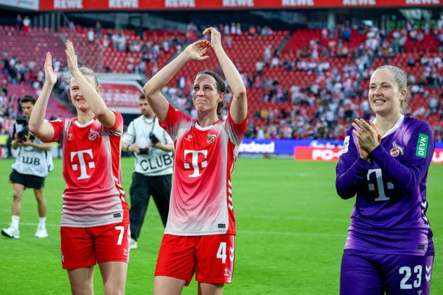 02 05 2026, xsscx, Women Football, 1 FC Köln Werder Bremen, 1 Soccer Bundesliga, 24 Matchday, RheinEnergie Stadion, Season 2025 2026 The team of 1 FC Köln celebrates their victory to 3 0 with Anna Lena Stolze 1 FC Köln 7 , Sara Agrez 1 FC Köln 4 , Aurora Mikalsen 1 FC Köln 23 DFB regulations prohibit any use of photographs as image sequences and or quasi video Photo xSandraxScherningxPressefotoKochx Nordrhein Westfalen Germany