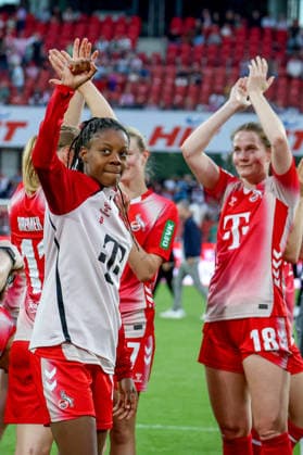 02 05 2026, xsscx, Women Football, 1 FC Köln Werder Bremen, 1 Soccer Bundesliga, 24 Matchday, RheinEnergie Stadion, Season 2025 2026 The 1 FC Köln team celebrates their victory to 3 0 with Lydia Andrade 1 FC Köln 17 , Anna Lena Stolze 1 FC Köln 7 , Taylor Ziemer 1 FC Köln 18 DFB regulations prohibit any use of photographs as image sequences and or quasi video Photo xSandraxScherningxPressefotoKochx Nordrhein Westfalen Germany