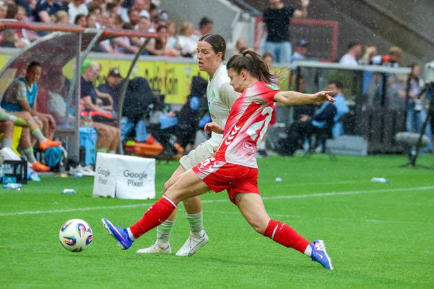02 05 2026, xsscx, Women Football, 1 FC Köln Werder Bremen, 1 Soccer Bundesliga, 24 Matchday, RheinEnergie Stadion, Season 2025 2026 Lara Schmidt Werder Bremen 24 in duel against Martyna Wiankowska 1 FC Köln 26 DFB regulations prohibit any use of photographs as image sequences and or quasi video Photo xSandraxScherningxPressefotoKochx Nordrhein Westfalen Germany