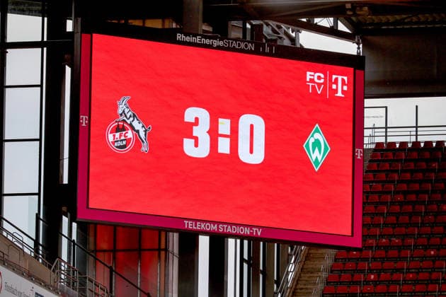 02 05 2026, xsscx, Frauen Fussball, 1 FC Köln Werder Bremen, 1 Fussball Bundesliga, 24 Spieltag, RheinEnergie Stadion, Saison 2025 2026 Anzeigetafel mit dem Endstand 3 0 DFB regulations prohibit any use of photographs as image sequences and or quasi video Photo xSandraxScherningxPressefotoKochx Nordrhein Westfalen Germany