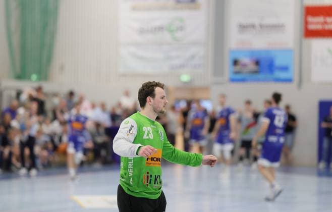 Germany Kelkheim Münster 02 05 2026 Handball Hessen 3 Liga Staffel Süd West Herren 2025 2026 27 Matchday TSG Münster blue HLZ Friesenheim Hochdorf II gray v l Fin Welkenbach TSG MÜNSTER Nr 23 Sport TSG Münster HLZ Friesenheim Hochdorf II