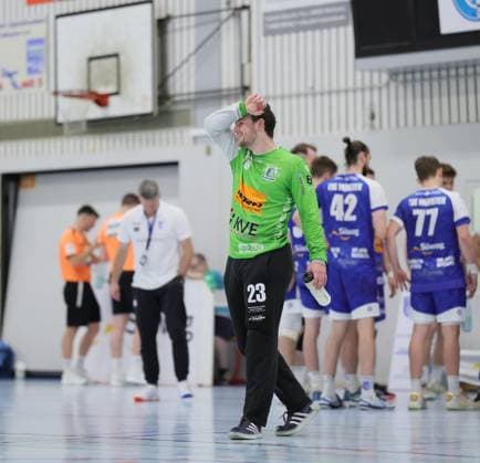 Germany Kelkheim Münster 02 05 2026 Handball Hessen 3 Liga Staffel Süd West Herren 2025 2026 27 Matchday TSG Münster blue HLZ Friesenheim Hochdorf II gray v l Fin Welkenbach TSG MÜNSTER Nr 23 Sport TSG Münster HLZ Friesenheim Hochdorf II