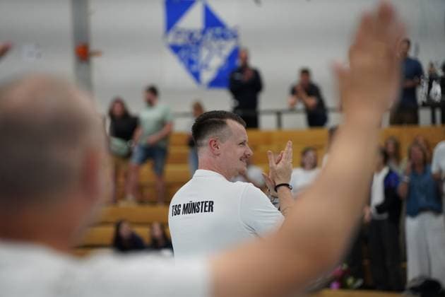 Germany Kelkheim Münster 02 05 2026 Handball Hessen 3 Liga Staffel Süd West Herren 2025 2026 27 Matchday TSG Münster blue HLZ Friesenheim Hochdorf II gray v l Sebastian Frieman TSG MÜNSTER Sport TSG Münster HLZ Friesenheim Hochdorf II