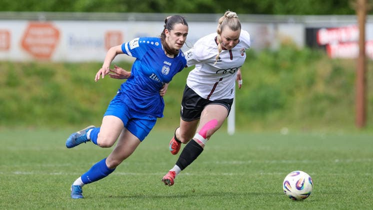 from left Marie Bleil SV Meppen, 7 and Jenny Beyer FC Ingolstadt, 8 in duel, duel, dynamics, action, action, game scene, THE DFB REGULATIONS PROHIBIT ANY USE OF PHOTOGRAPHS AS IMAGE SEQUENCES AND OR QUASI VIDEO , 03 05 2026, Meppen Germany , Football, 2 Womens Bundesliga, SV Meppen FC Ingolstadt 04 xobx