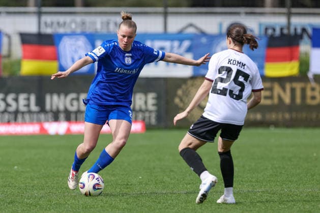 from left Lilly Bartke SV Meppen, 24 and Annika Kömm FC Ingolstadt, 25 in a duel, dynamic, action, action, game scene, THE DFB REGULATIONS PROHIBIT ANY USE OF PHOTOGRAPHS AS IMAGE SEQUENCES AND OR QUASI VIDEO , 03 05 2026, Meppen Germany , Football, 2 Womens Bundesliga, SV Meppen FC Ingolstadt 04 xobx