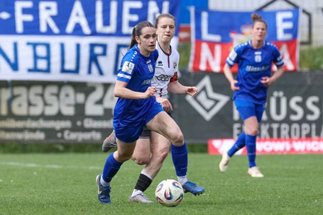 from left Marie Bleil SV Meppen, 7 and Stefanie Reischmann FC Ingolstadt, 24 in a duel, dynamic, action, action, game scene, THE DFB REGULATIONS PROHIBIT ANY USE OF PHOTOGRAPHS AS IMAGE SEQUENCES AND OR QUASI VIDEO , 03 05 2026, Meppen Germany , Football, 2 Womens Bundesliga, SV Meppen FC Ingolstadt 04 xobx