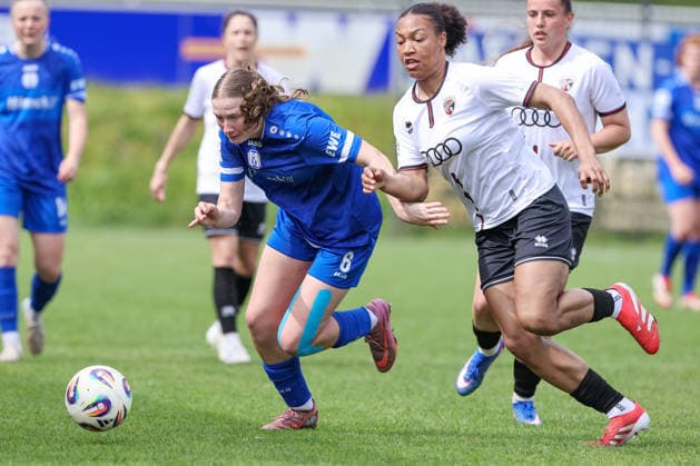 from left Laura Bröring SV Meppen, 6 and Melissa Kuya Strobel FC Ingolstadt, 14 in a duel, dynamic, action, action, game scene, THE DFB REGULATIONS PROHIBIT ANY USE OF PHOTOGRAPHS AS IMAGE SEQUENCES AND OR QUASI VIDEO , 03 05 2026, Meppen Germany , Football, 2 Womens Bundesliga, SV Meppen FC Ingolstadt 04 xobx