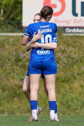 from left goal scorer Marleen Kropp SV Meppen, 9 and Anouk Blaschka SV Meppen, 10 with goal celebration, jubilation, cheering, optimistic, game scene, highlight, joy about the goal for 1 0, THE DFB REGULATIONS PROHIBIT ANY USE OF PHOTOGRAPHS AS IMAGE SEQUENCES AND OR QUASI VIDEO , 03 05 2026, Meppen Germany , Football, 2 Womens Bundesliga, SV Meppen FC Ingolstadt 04 xobx