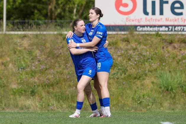 from left goal scorer Marleen Kropp SV Meppen, 9 and Anouk Blaschka SV Meppen, 10 with goal celebration, jubilation, cheering, optimistic, game scene, highlight, joy about the goal for 1 0, THE DFB REGULATIONS PROHIBIT ANY USE OF PHOTOGRAPHS AS IMAGE SEQUENCES AND OR QUASI VIDEO , 03 05 2026, Meppen Germany , Football, 2 Womens Bundesliga, SV Meppen FC Ingolstadt 04 xobx