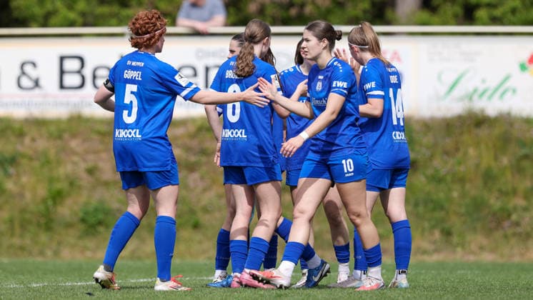 SV Meppen players with goal celebration, cheering, jubilant, optimistic, game scene, highlight, joy about the 1-0 goal, THE DFB REGULATIONS PROHIBIT ANY USE OF PHOTOGRAPHS AS IMAGE SEQUENCES AND OR QUASI VIDEO , 03 05 2026, Meppen Germany , Football, 2 Womens Bundesliga, SV Meppen FC Ingolstadt 04 xobx