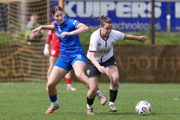 from left Anouk Blaschka SV Meppen, 10 and Lara Felix FC Ingolstadt, 13 in a duel, dynamic, action, action, game scene, THE DFB REGULATIONS PROHIBIT ANY USE OF PHOTOGRAPHS AS IMAGE SEQUENCES AND OR QUASI VIDEO , 03 05 2026, Meppen Germany , Football, 2 Womens Bundesliga, SV Meppen FC Ingolstadt 04 xobx