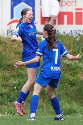 from left goal scorer Laura Bröring SV Meppen, 6 and Marie Bleil SV Meppen, 7 with goal celebration, jubilation, cheering, optimistic, game scene, highlight, joy about the goal to 2 0, THE DFB REGULATIONS PROHIBIT ANY USE OF PHOTOGRAPHS AS IMAGE SEQUENCES AND OR QUASI VIDEO , 03 05 2026, Meppen Germany , Football, 2 Womens Bundesliga, SV Meppen FC Ingolstadt 04 xobx