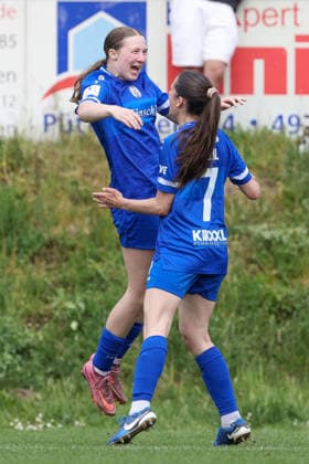 from left goal scorer Laura Bröring SV Meppen, 6 and Marie Bleil SV Meppen, 7 with goal celebration, jubilation, cheering, optimistic, game scene, highlight, joy about the goal to 2 0, THE DFB REGULATIONS PROHIBIT ANY USE OF PHOTOGRAPHS AS IMAGE SEQUENCES AND OR QUASI VIDEO , 03 05 2026, Meppen Germany , Football, 2 Womens Bundesliga, SV Meppen FC Ingolstadt 04 xobx