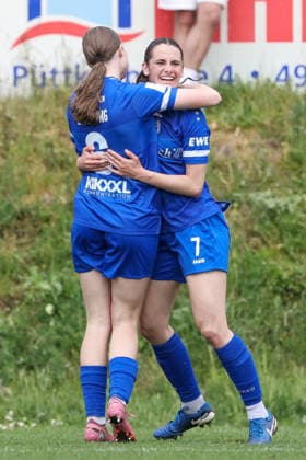from left goal scorer Laura Bröring SV Meppen, 6 and Marie Bleil SV Meppen, 7 with goal celebration, jubilation, cheering, optimistic, game scene, highlight, joy about the goal to 2 0, THE DFB REGULATIONS PROHIBIT ANY USE OF PHOTOGRAPHS AS IMAGE SEQUENCES AND OR QUASI VIDEO , 03 05 2026, Meppen Germany , Football, 2 Womens Bundesliga, SV Meppen FC Ingolstadt 04 xobx
