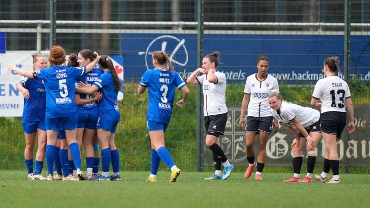 03 05 2026, Waldstadion, Meppen, GER, 2 Bundesliga, Women SV Meppen vs FC Ingolstadt, Meppen cheers and frustration of the guests after the 3 0 DFL REGULATIONS PROHIBIT ANY USE OF PHOTOGRAPHS AS IMAGE SEQUENCES AND OR QUASI VIDEO Meppen Lower Saxony Germany Waldstadion