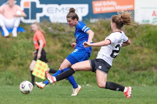 from left goal scorer Chantal Schouwstra SV Meppen, 20 scores the goal for 3 0, goal, highlight, goal success and Leonie Haberäcker FC Ingolstadt, 27 in duel, duel, dynamics, action, action, game scene, THE DFB REGULATIONS PROHIBIT ANY USE OF PHOTOGRAPHS AS IMAGE SEQUENCES AND OR QUASI VIDEO , 03 05 2026, Meppen Germany , Football, 2 Womens Bundesliga, SV Meppen FC Ingolstadt 04 xobx