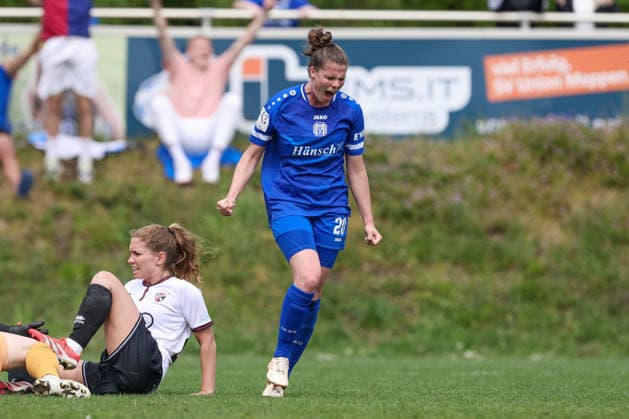Goalscorer Chantal Schouwstra SV Meppen, 20 with goal celebration, jubilation, cheering, optimistic, game scene, highlight, joy about the goal for 3 0, THE DFB REGULATIONS PROHIBIT ANY USE OF PHOTOGRAPHS AS IMAGE SEQUENCES AND OR QUASI VIDEO , 03 05 2026, Meppen Germany , Football, 2 Womens Bundesliga, SV Meppen FC Ingolstadt 04 xobx