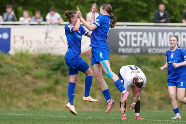 from left goal scorer Chantal Schouwstra SV Meppen, 20 and Laura Bröring SV Meppen, 6 with goal celebration, jubilation, cheering, optimistic, game scene, highlight, joy about the goal for 3 0, THE DFB REGULATIONS PROHIBIT ANY USE OF PHOTOGRAPHS AS IMAGE SEQUENCES AND OR QUASI VIDEO , 03 05 2026, Meppen Germany , Football, 2 Womens Bundesliga, SV Meppen FC Ingolstadt 04 xobx