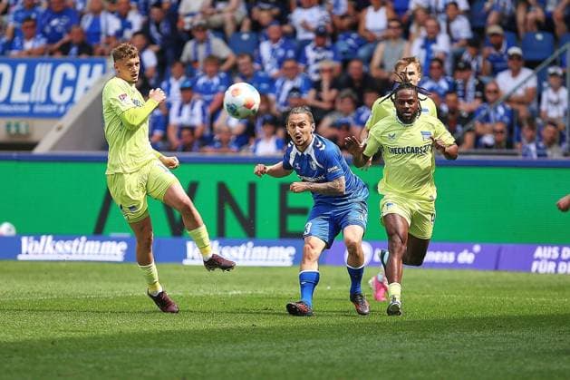 Magdeburg, Saxony-Anhalt, Germany, 03 05 2026 Avnet Arena 32 Matchday, Season 2025 26, 2 Soccer Bundesliga 1 FC Magdeburg Hertha BSC L R u a Michael Cuisance 10, Hertha BSC , Baris Atik 23, 1 FC Magdeburg , Deyovaisio Zeefuik 42, Hertha BSC Copyright: xdtsxNachrichtenagenturx dts_117418