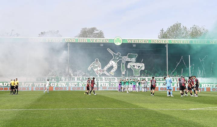 03 05 2026, xhbx, Soccer 2 Bundesliga, SpVgg Greuther Fuerth 1 FC Nürnberg v l Fans, Supporters, Choreo, Flag, Banner, Scarf of Spvgg Greuther Fuerth, Bengalos, Smoke, Smoke Bomb, Fireworks, Pyrotechnics DFL DFB REGULATIONS PROHIBIT ANY USE OF PHOTOGRAPHS as IMAGE SEQUENCES and or QUASI VIDEO Fuerth