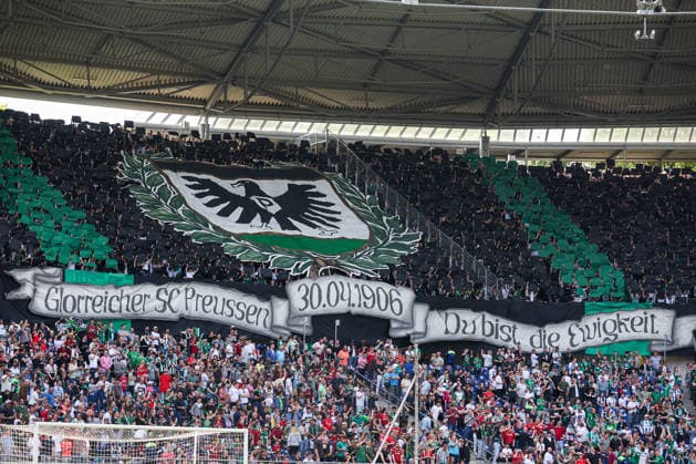 2 Bundesliga Hannover 96 SC Preußen Münster on 03 05 2026 in the Heinz von Heiden Arena in Hannover The Münster fans in the guest block with a choreo, choreography, choreography for the 120th anniversary of the club MH