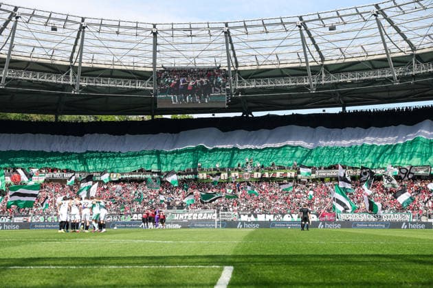2 Bundesliga Hannover 96 SC Preußen Münster on 03 05 2026 at the Heinz von Heiden Arena in Hannover The Hannover 96 fans in the north curve with a block flag MH