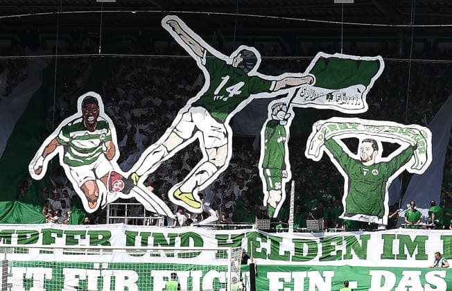03 05 2026, xhbx, Soccer 2 Bundesliga, SpVgg Greuther Fuerth 1 FC Nürnberg v l Fans, Supporters, Choreo, Flag, Banner, Scarf of Spvgg Greuther Fuerth DFL DFB REGULATIONS PROHIBIT ANY USE OF PHOTOGRAPHS as IMAGE SEQUENCES and or QUASI VIDEO Fuerth