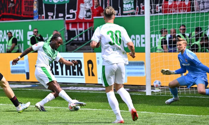 03 05 2026 Soccer Season 2025 2026 2 Soccer Bundesliga Derby Frankenderby 32 Matchday SpVgg Greuther Fürth Kleeblatt 1 FC Nürnberg FCN Club Sportfoto Zink xwoxzix DFL regulations prohibit any use of photographs as image sequences and or quasi video only for editorial use Noel Futkeu 9, SpVgg Greuther Fürth erzielt Treffer Tor Torschuß zum 1 0 gegen Jan Reichert 1, 1 FC Nürnberg FCN