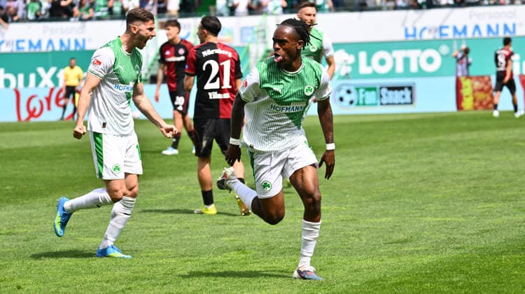 03 05 2026 Soccer Season 2025 2026 2 Soccer Bundesliga Derby Frankenderby 32 Matchday SpVgg Greuther Fürth Kleeblatt 1 FC Nürnberg FCN Club Sportfoto Zink xwoxzix DFL regulations prohibit any use of photographs as image sequences and or quasi video only for editorial use Torjubel Jubel Freude nach Treffer Tor Torschuß zum 1 0 durch Noel Futkeu 9, SpVgg Greuther Fürth