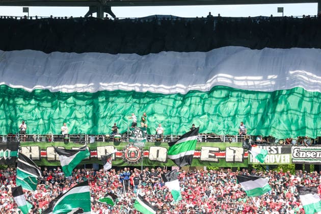 2 Bundesliga Hannover 96 SC Preußen Münster on 03 05 2026 at the Heinz von Heiden Arena in Hannover The Hannover 96 fans in the north curve with a block flag MH