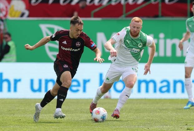 03 05 2026 Soccer Season 2025 2026 2 Soccer Bundesliga 32 Matchday SpVgg Greuther Fürth Kleeblatt 1 FC Nürnberg FCN Club Derby Frankenderby Sportfoto Zink DaMa xdaxmax DFL regulations prohibit any use of photographs as image sequences and or quasi video only for editorial use Julian Justvan 10, 1 FC Nürnberg FCN Paul Will 13, SpVgg Greuther Fürth