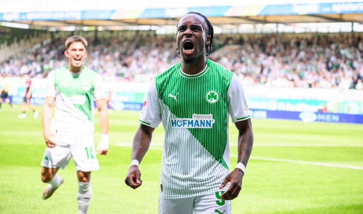 03 05 2026 Soccer Season 2025 2026 2 Soccer Bundesliga Derby Frankenderby 32 Matchday SpVgg Greuther Fürth Kleeblatt 1 FC Nürnberg FCN Club Sportfoto Zink xwoxzix DFL regulations prohibit any use of photographs as image sequences and or quasi video only for editorial use Torjubel Jubel Freude nach Treffer Tor Torschuß zum 1 0 durch Noel Futkeu 9, SpVgg Greuther Fürth