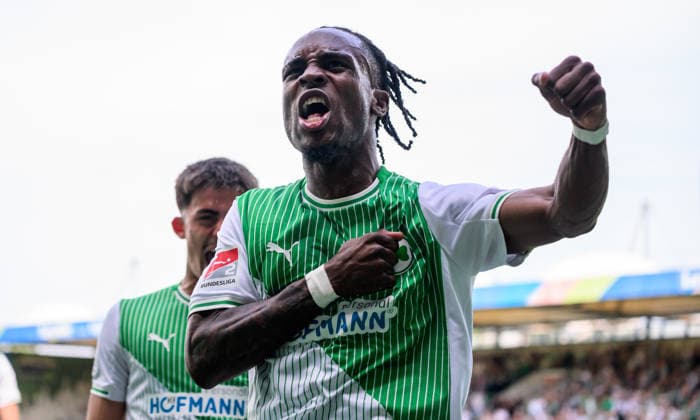 03 05 2026 Soccer Season 2025 2026 2 Soccer Bundesliga Derby Frankenderby 32 Matchday SpVgg Greuther Fürth Kleeblatt 1 FC Nürnberg FCN Club Sportfoto Zink xwoxzix DFL regulations prohibit any use of photographs as image sequences and or quasi video only for editorial use Torjubel Jubel Freude nach Treffer Tor Torschuß zum 1 0 durch Noel Futkeu 9, SpVgg Greuther Fürth