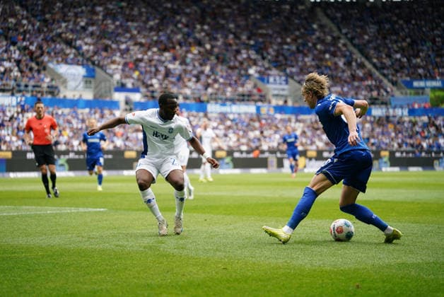 03 05 2026, xdaymx, Soccer 2 Bundesliga, Karlsruher SC SV Darmstadt 98 vl Merveille Papela SV Darmstadt 98 and David Herold Karlsruher SC in duel DFL DFB REGULATIONS PROHIBIT ANY USE OF PHOTOGRAPHS as IMAGE SEQUENCES and or QUASI VIDEO Karlsruhe