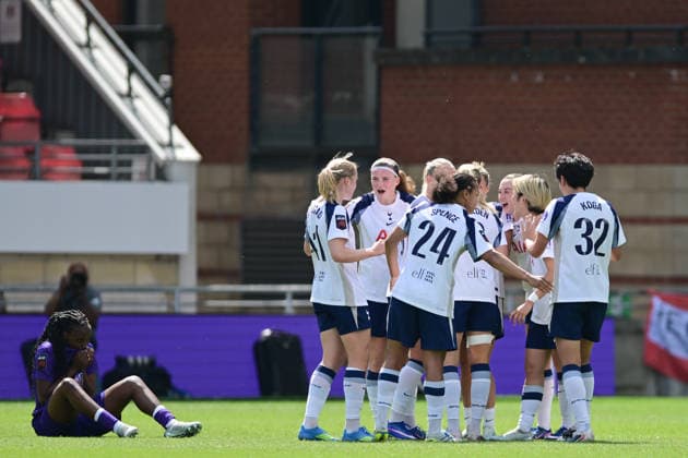 Tottenham Hotspur Women celebrate Olivia Holdt™s strike that gives Tottenham Hotspur Women a second goal during the Women s Super League match between Tottenham Hotspur Women and London City Lionesses at the Brisbane Road, London, England on 3 May 2026. Copyright: xPhilxHutchinsonx 44910009