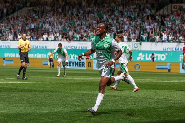 Noel Futkeu 9 Spvgg Greuther Fuerth celebrates after his goal for 1 0, Emotion, Joy, SpVgg Greuther Fuerth vs 1 FC Nuernberg, Football, Men, 2 Bundesliga, DFL, Season 2025 2026, 32 Matchday, Second round, 03 05 2026 DFB regulations prohibit any use of photographs as image sequences and or quasi video Fuerth Bayern Germany Copyright: xkolbert-press MartinxAgüerax