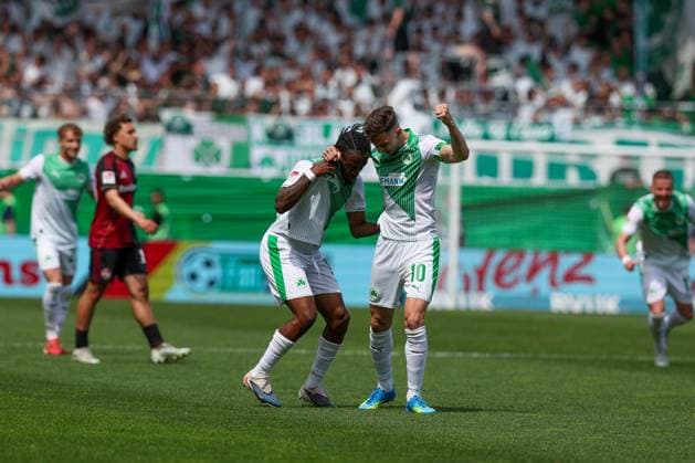joy at Noel Futkeu 9 Spvgg Greuther Fuerth and Branimir Hrgota 10 Spvgg Greuther Fuerth after the 1 0, SpVgg Greuther Fuerth vs 1 FC Nuernberg, Football, Men, 2 Bundesliga, DFL, Season 2025 2026, 32 Matchday, Second round, 03 05 2026 DFB regulations prohibit any use of photographs as image sequences and or quasi video Fuerth Bayern Germany Copyright: xkolbert-press MartinxAgüerax