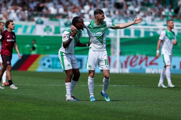 joy at Noel Futkeu 9 Spvgg Greuther Fuerth and Branimir Hrgota 10 Spvgg Greuther Fuerth after the 1 0, SpVgg Greuther Fuerth vs 1 FC Nuernberg, Football, Men, 2 Bundesliga, DFL, Season 2025 2026, 32 Matchday, Second round, 03 05 2026 DFB regulations prohibit any use of photographs as image sequences and or quasi video Fuerth Bayern Germany Copyright: xkolbert-press MartinxAgüerax