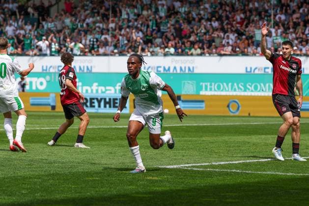 Noel Futkeu 9 Spvgg Greuther Fuerth celebrates after his goal for 1 0, Emotion, Joy, SpVgg Greuther Fuerth vs 1 FC Nuernberg, Football, Men, 2 Bundesliga, DFL, Season 2025 2026, 32 Matchday, Second round, 03 05 2026 DFB regulations prohibit any use of photographs as image sequences and or quasi video Fuerth Bayern Germany Copyright: xkolbert-press MartinxAgüerax
