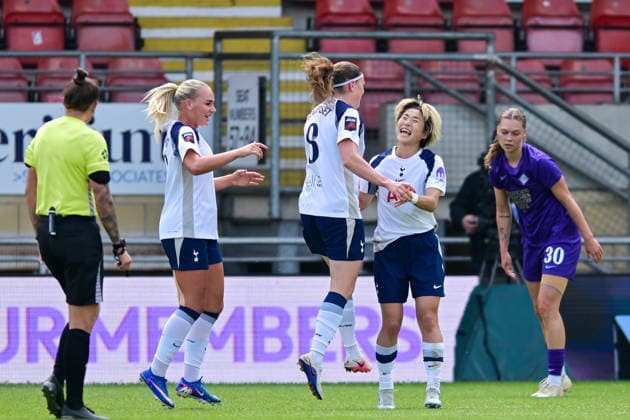 Tottenham Hotspur Women celebrate Signe Gaupset™s opening goal during the Women s Super League match between Tottenham Hotspur Women and London City Lionesses at the Brisbane Road, London, England on 3 May 2026. Copyright: xPhilxHutchinsonx 44910013