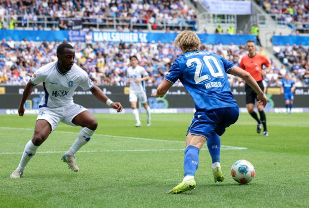 Germany Karlsruher SC vs SV Darmstadt 98, Matchday 32, 2 Bundesliga, Season 2025 26, BBBank Wildpark Karlsruhe David Herold, Karlsruher SC, 20 , Merveille Papela, SV Darmstadt 98, 21 Karlsruhe BBBank Wildpark Baden Württemberg Germany Copyright: xBenedictxChristx