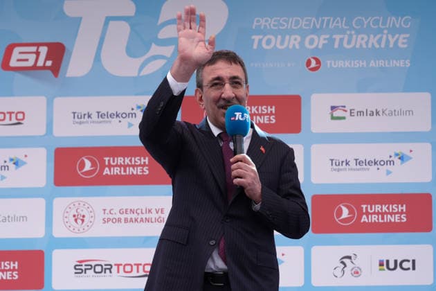 61st Presidential Cycling Tour of Turkiye ANKARA, TURKIYE - MAY 3: Turkish Vice President Cevdet Yilmaz makes a speech at the end of the eighth stage of the Presidential Cycling Tour of Turkiye 2026 (TUR 2026) on the Ankara-Ankara route in Ankara, Turkiye, on May 3, 2026. The race, held for the 61st time, is included in the Union Cycliste Internationale (UCI) Europe Tour calendar and is Turkiye’s only event in the ProSeries category. The Australian cyclist Berwick also secured the turquoise jersey. Yasin Baturhan Ergin Anadolu Ankara Turkey. Editorial use only. Please get in touch for any other usage.  Copyright: x2026xAnadoluxYasinxBaturhanxErginx