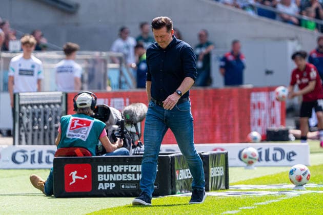 Hannover, Germany 03 May 2026 2 BL 2025 2026 Sp 32 Hannover 96 vs Preußen Münster In the picture coach Christian Titz HAN is thoughtful on the pitch DFL DFB regulations prohibit any use of photographs as image sequences and or quasi video Heinz von Heiden Arena Niedersachsen Copyright: xFotostandx xKruczynskix