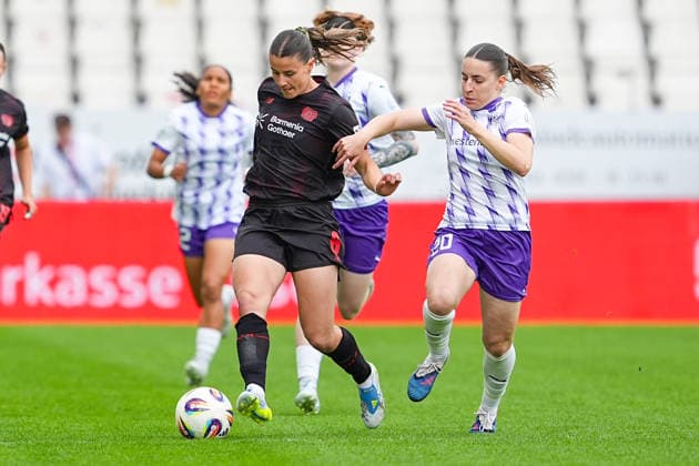 03 05 2026, xydrx, Women, Soccer, 1 Women Bundesliga, SGS Essen Bayer 04 Leverkusen, Season 2025 2026, Stadion an der Hafenstraße Katharina Piljic Bayer 04 Leverkusen, 6 in duel against Leonie Koepp SGS Essen, 20 DFB regulations prohibit any use of photographs as image sequences and or quasi video Copyright: HMBxMedia YannisxDreimann